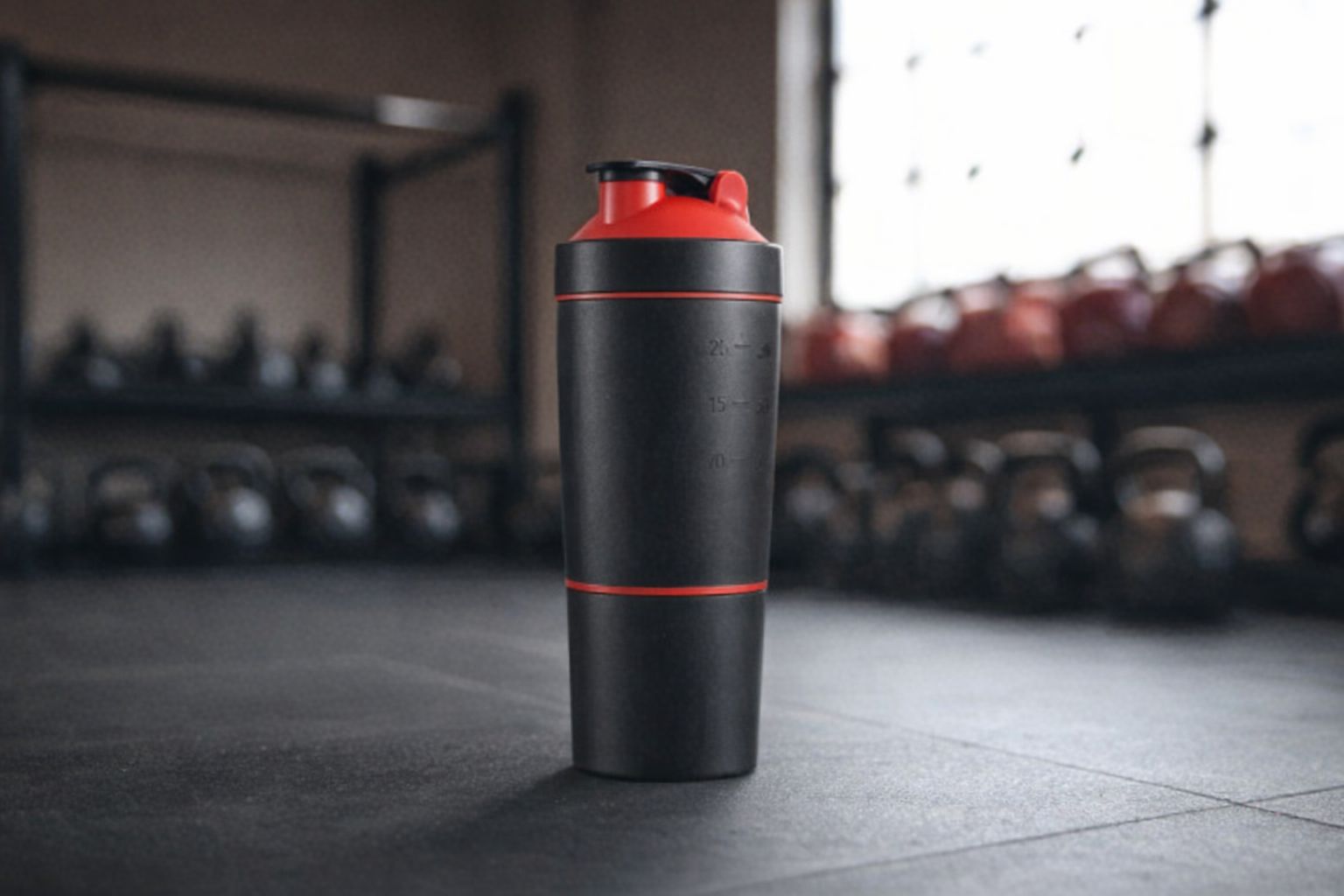 Svart och röd shakerflaska för kosttillskott i en gymmiljö.